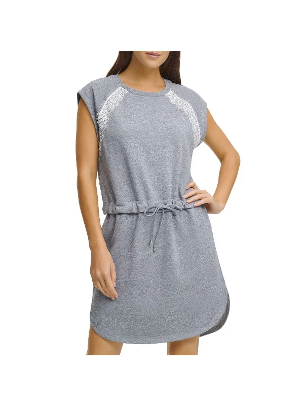 DKNY Womens Lace Heather Cap Sleeve Crew Neck Short Shift Dress Lace Dress with Belt