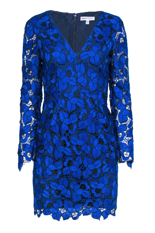 Dress the Population - Blue & Black Eyelet Lace Plunge Dress Sz S Lace Dress Dreamy