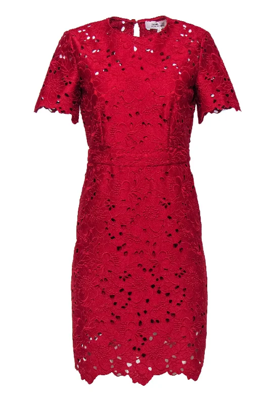 Diane von Furstenberg - Crimson Red Lace Sheath Dress Sz 2 Lace Dress Trendy