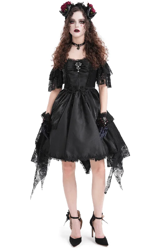 Elegant Gothic Lace Dress with Skulls and Tiered Layers Off-shoulder Lace Dress