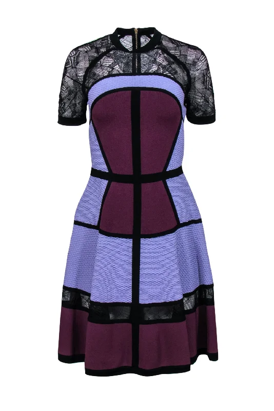 Elie Saab - Purple Textured Paneled A-Line Dress w/ Lace Sz 6 Tiered Lace Gown