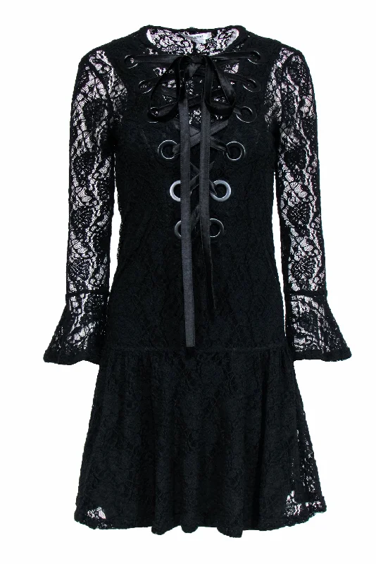 Givenchy - Black Lace Dress w/ Oversized Lace-Up Front Sz 4 Floral Lace Dress