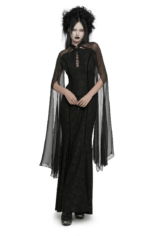 Gothic Flowing Chiffon Dress with Fishtail and Lace-Up Back Lace Fit-and-Flare