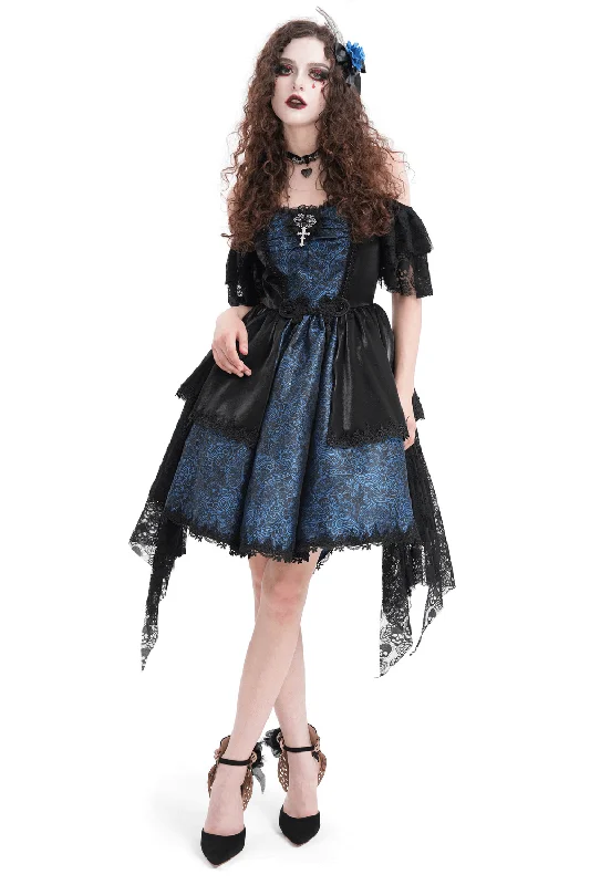 Gothic Lace and Satin Off-Shoulder Dress with Cross Detail Blue Lace Dress