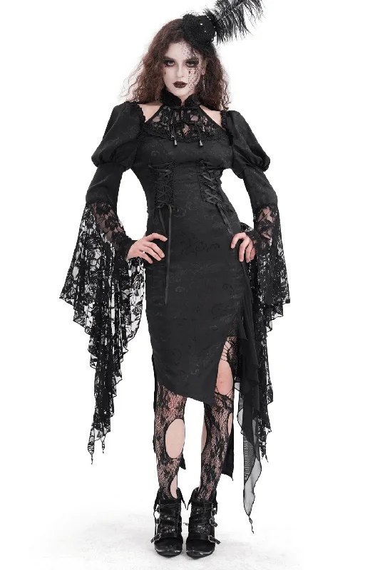 Gothic Lace-Up Asymmetrical Dress with Flared Sleeves Lace Mini Dress