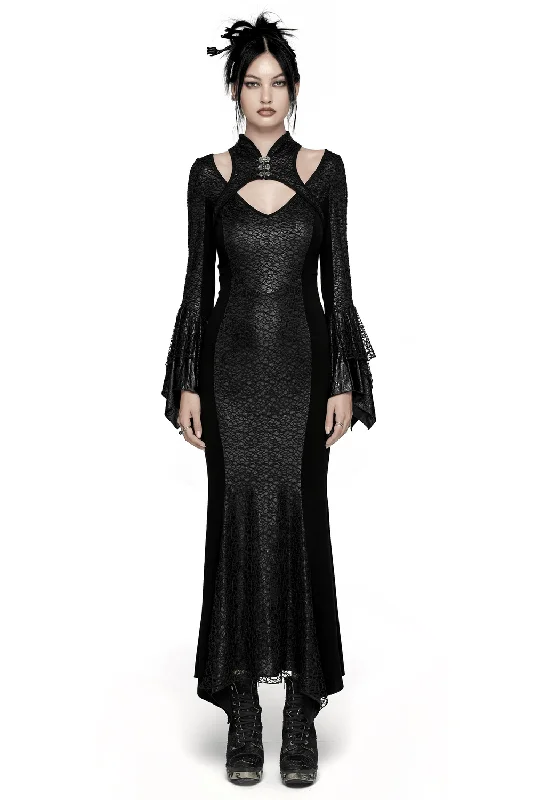 Gothic Lace-Up Dress with Bell Sleeves and High Collar Ruffled Lace Gown