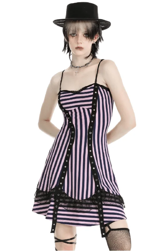 Gothic Pink and Black Striped Corset Dress with Lace Trim Lace Dress Look