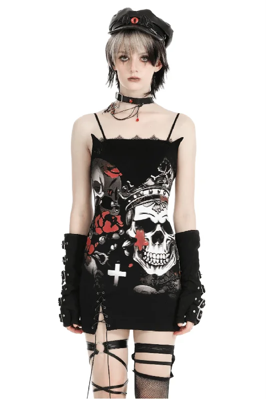 Gothic Skull Print Sleeveless Dress with Lace Detail Boho Lace Dress