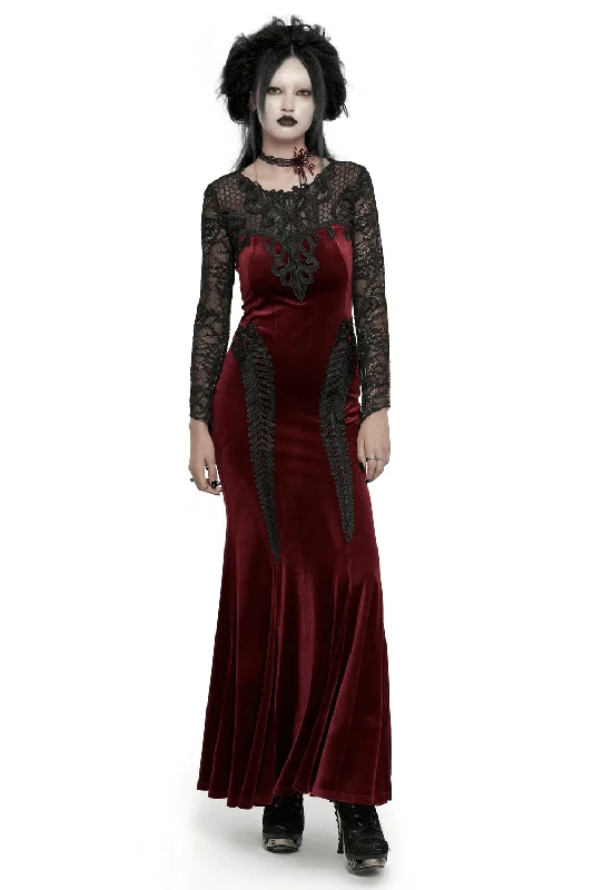 Gothic Velvet Mermaid Dress with Lace Detailing Lace Bridesmaid Gown