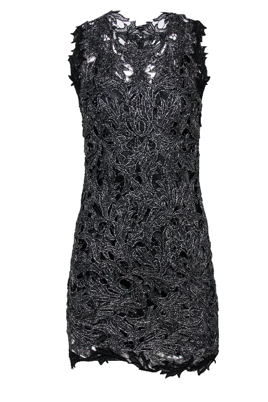 M & Guia for Intermix - Silver Metallic Lace Sheath Dress w/ Back Cutout Sz S Vintage Lace Gown