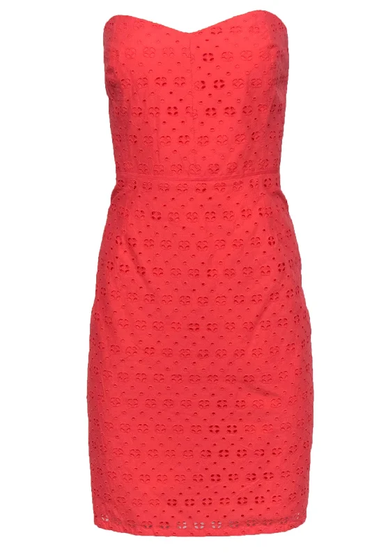 J.Crew - Coral Cotton Eyelet Lace Overlay Strapless Dress Sz 10 Lace Dress Casual