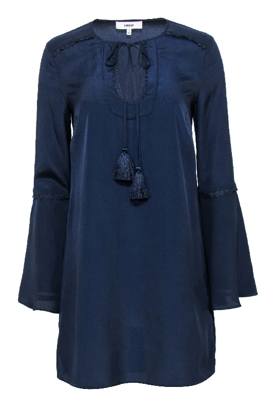 Likely - Navy Bell Sleeve Shift Dress w/ Tassels & Lace Trim Sz S Full Lace Dress