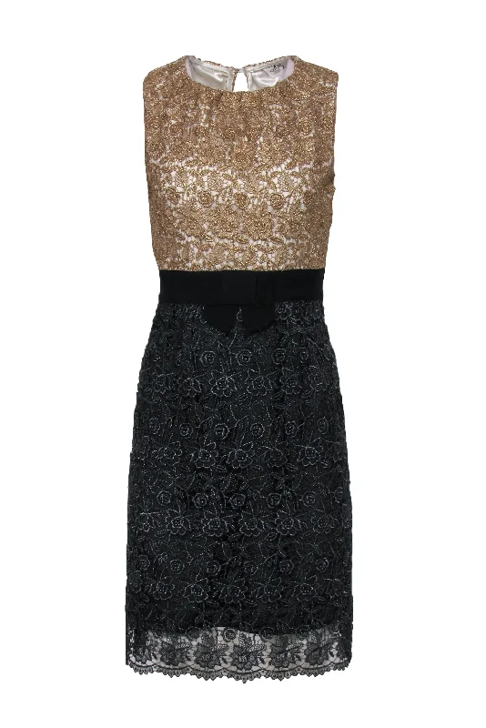 Milly - Gold & Navy Metallic Lace Sheath Dress w/ Ribbon Waist Sz 4 Elegant Lace Gown