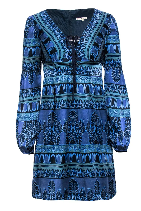 Nanette Lepore - Blue & Teal Bohemian Print Lace-Up Silk Dress Sz 2 Lace Dress Dreamy