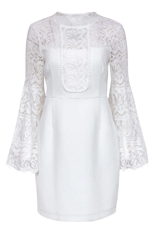 Nanette Lepore - White Lace Paneled Bell Sleeve "Dancer" Sheath Dress Sz 8 Lace Dress Glow