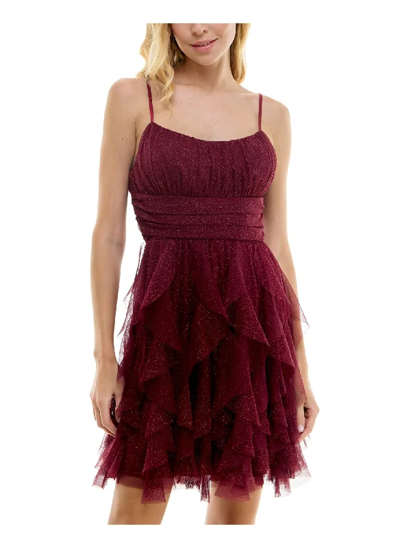 PEAR CULTURE Womens Burgundy Zippered Pleated Lace-up Back Corkscrew Ruffles Spaghetti Strap Scoop Neck Above The Knee Party Fit + Flare Dress Lace Party Dress