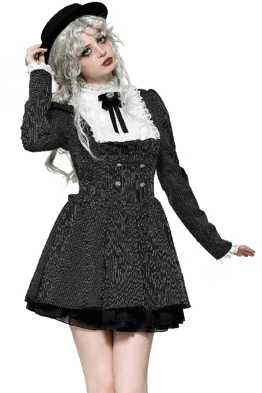 Pinstripe Gothic Dress with Lace Ruffle and Bow Details Boho Lace Dress