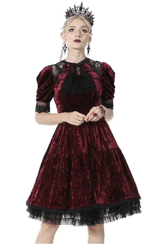 Red Velvet Gothic Dress with Black Lace Detail Lace Evening Dress