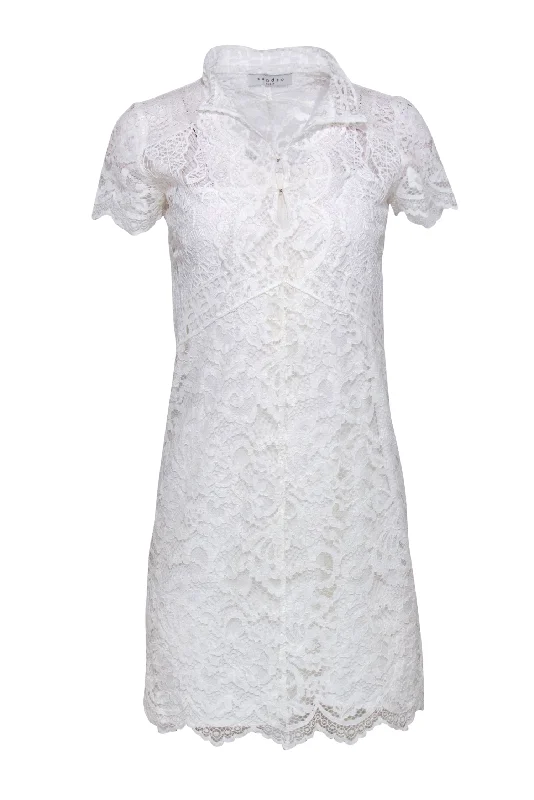 Sandro - White Lace Cap Sleeve Sheath Dress Sz 2 Sheer Lace Dress