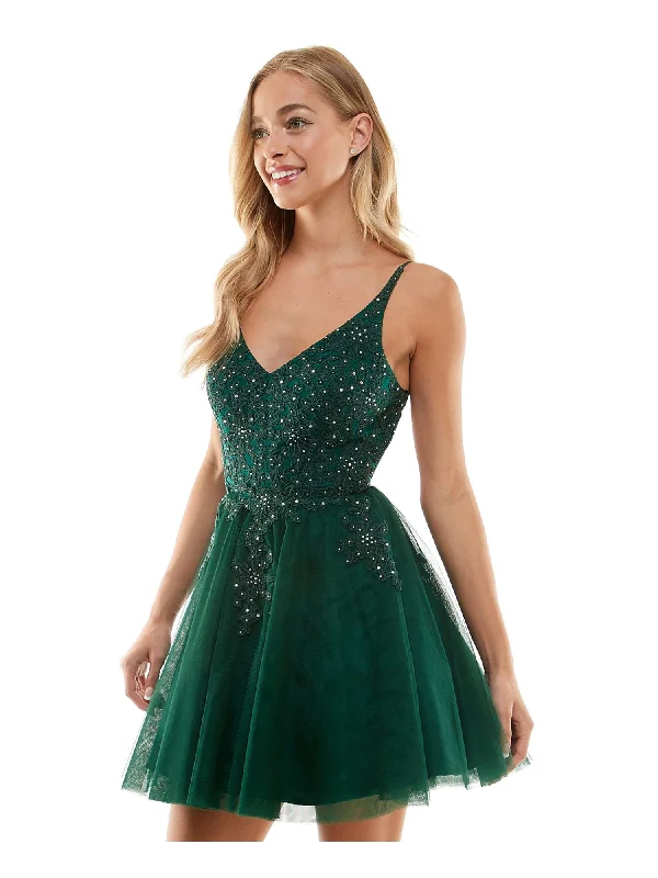 SAY YES TO THE PROM Womens Green Zippered Rhinestone Lace Up Back Lined Tulle Padded Floral Spaghetti Strap V Neck Short Formal Fit + Flare Dress Light Lace Dress