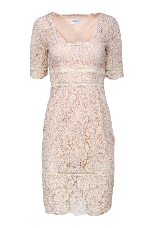 Saylor - Blush Lace Scoop Neck Sheath Dress w/ Eyelet Inserts Sz 4 White Lace Dress