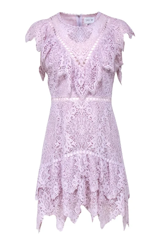 Saylor - Lavender Lace Cap Sleeve Sheath Dress w/ Eyelet & Embroidered Trim Sz L Lace Party Dress