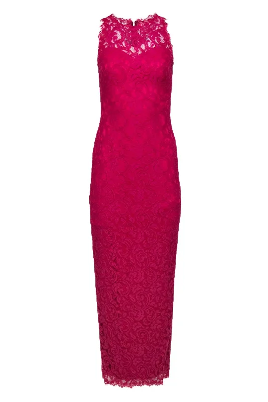 Tadashi Shoji - Hot Pink Sleeveless Lace Column Gown Sz 2 Lace Cocktail Dress