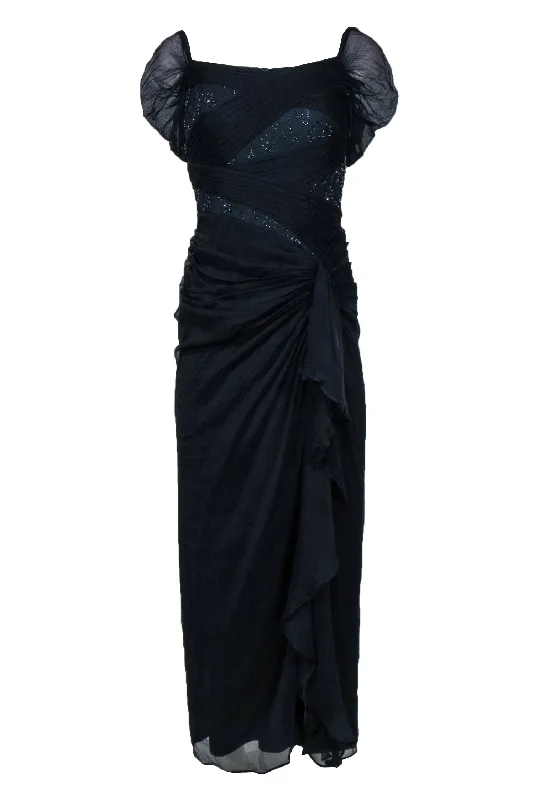 Tadashi Shoji - Navy Pleated & Draped Off-the-Shoulder Gown w/ Beaded & Lace Trim Sz 6 Lace Dress Fashion