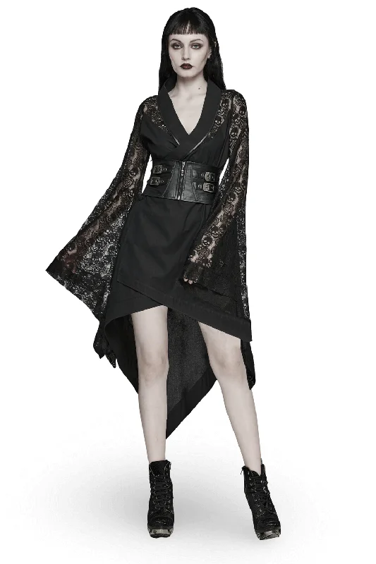 US SALE of Black Skull Lace Kimono Dress with Belt And Irregular Hem Lace Detail Gown