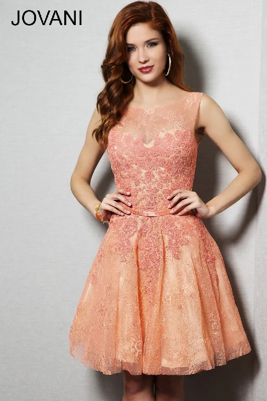 Jovani Coral pink Jovani lace short dress Lace Shift Dress