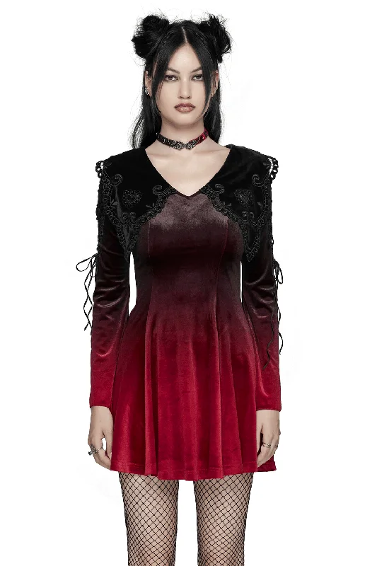 Velvet Gradient Gothic Dress with Lace and Flared Sleeves Lace High Neck Dress