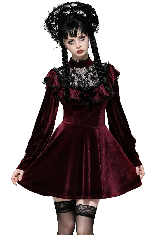 Vintage Velvet Dress with Black Lace Trim and Ruffles Elegant Lace Gown