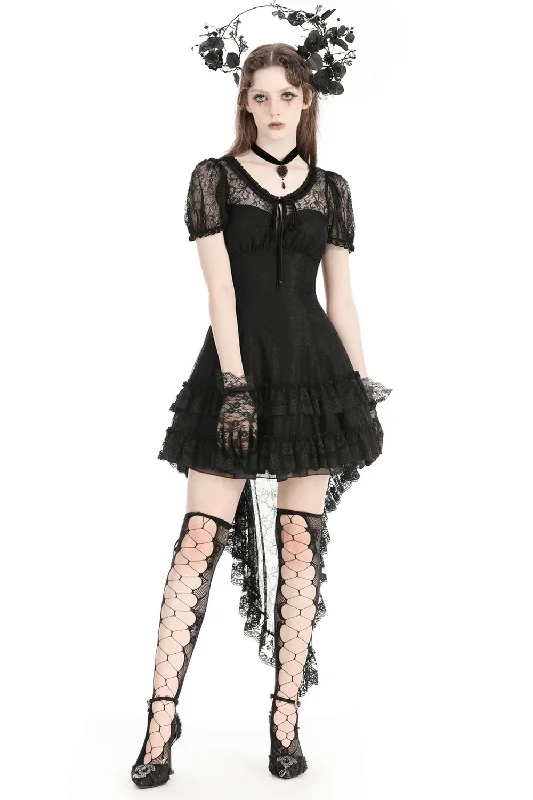 Women's Elegant Gothic Dress with Lace Overlay and Tail Lace Dress for Weddings