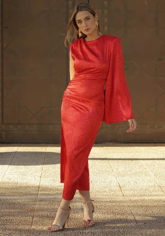 Cayro Dahlia One Sleeve Satin Maxi Dress, Coral Red Front Slit Maxi