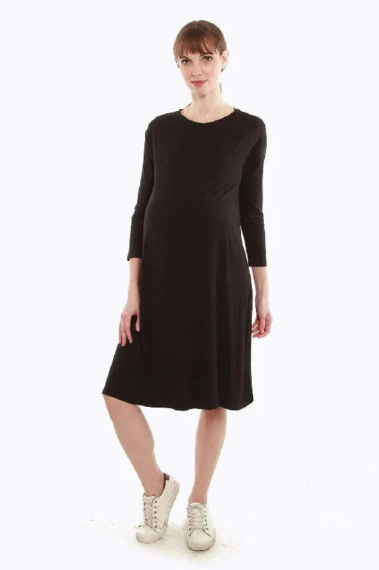 Dany Long Sleeve Bamboo Cotton Nursing Dress Black Soft Flow Maxi