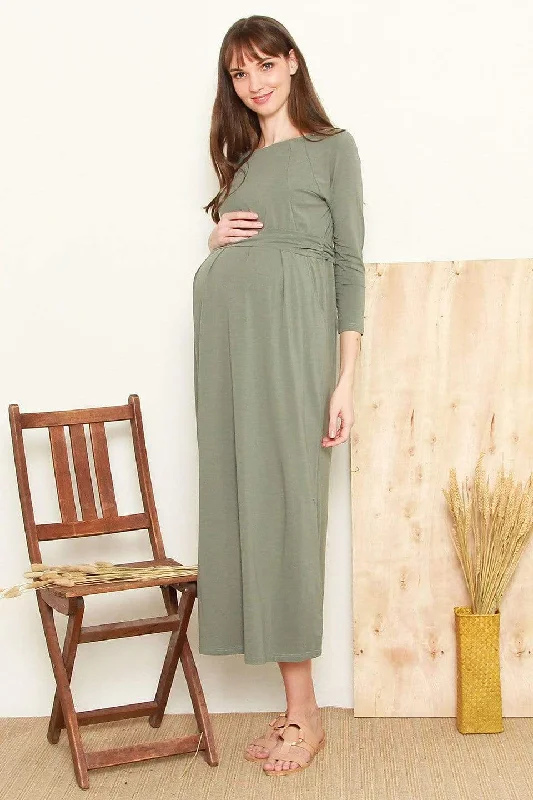 Daphne Long Sleeve Bamboo Cotton Nursing Dress Olive Green Button-down Maxi Skirt