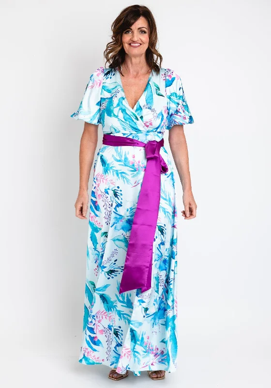 Herysa Nueve Floral Satin Maxi Dress, Aqua Multi Button-front Maxi Skirt