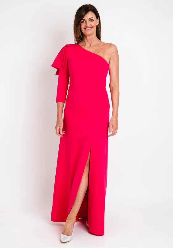 Herysa Gema One Shoulder Maxi Dress, Fuchsia Printed Maxi Skirt