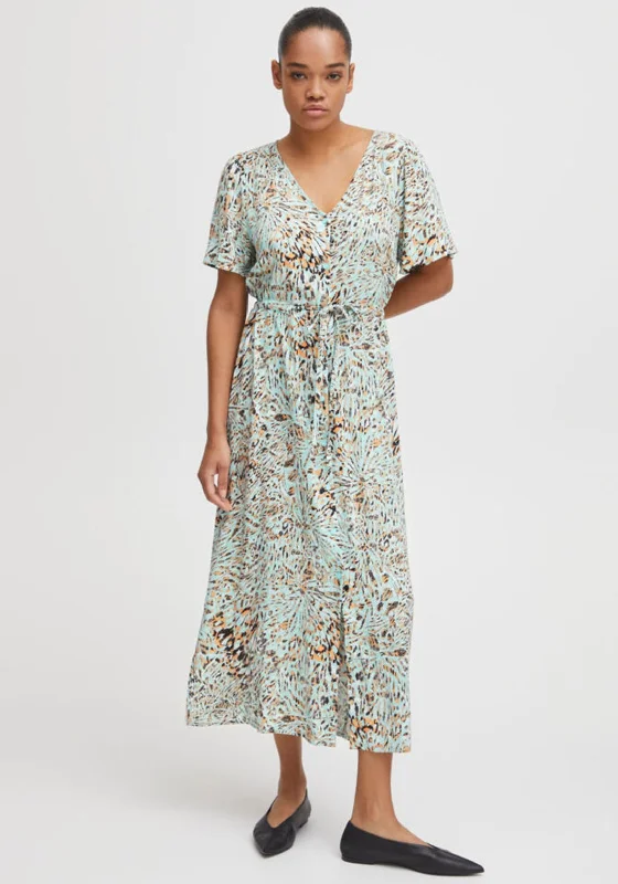 Ichi Printed Drawstring Waist Maxi Dress, Mint Multi Pleated A-line Skirt