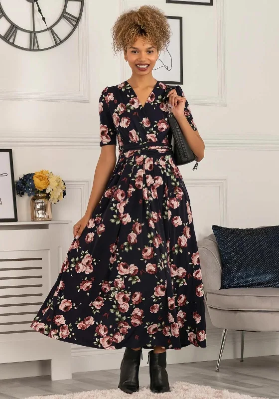 Jolie Moi Elisha Rose Print Maxi Dress, Navy Summer Floral Maxi