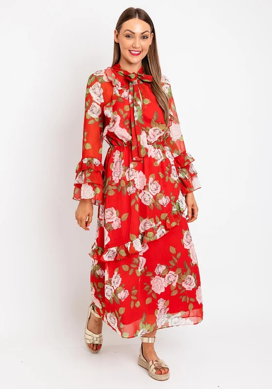 Serafina Collection Floral Ruffle Tiered Maxi Dress, Red Cozy Maxi Dress