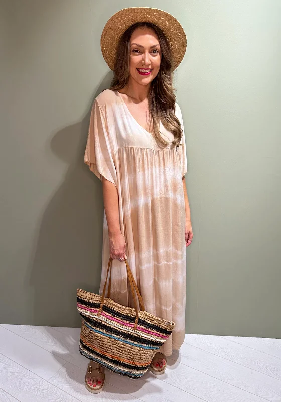 Serafina Collection One Size Tie Dye Maxi Dress, Beige Fitted Maxi Skirt