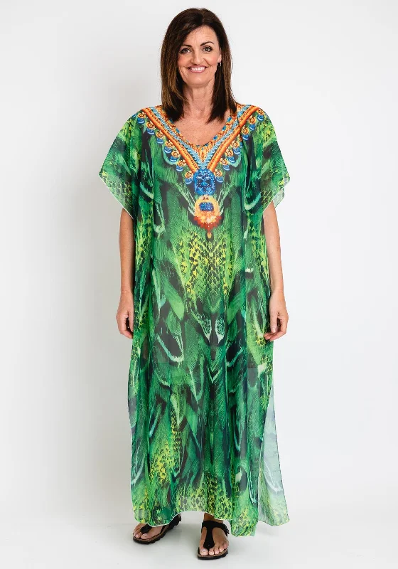 The Serafina Collection One Size Maxi Kaftan Dress, Green Lace Detail Maxi