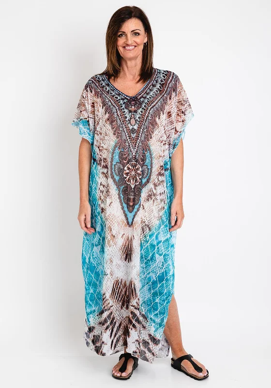 The Serafina Collection One Size Maxi Kaftan Dress, Blue Multi Embellished Maxi Skirt