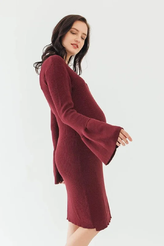 Long Flare Sleeves Dessa Sweater Maternity Dress Wine Skirt with Slits