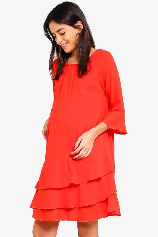 Long Sleeves Christana Tier Nursing Dress Coral Red Maxi Skirt Casual