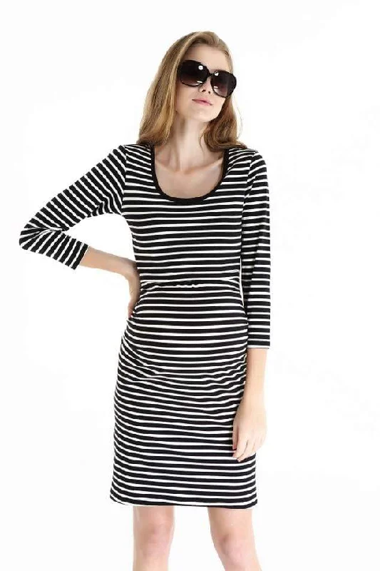 Angelina Black Stripe Long Sleeve Nursing Dress Maxi Skirt Classic