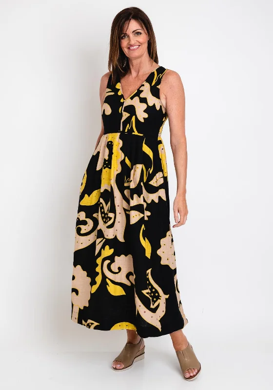 White Stuff Gigi Print Linen Blend Maxi Dress, Black & Yellow Elegant Maxi Skirt