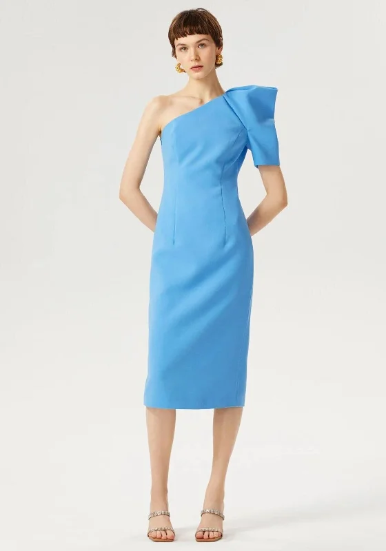 Exquise Puff One Shoulder Midi Dress, Blue A-line Midi Skirt