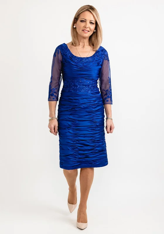 Ispirato Ruched Lace Applique Midi Dress, Ink Blue Polka Dot Midi